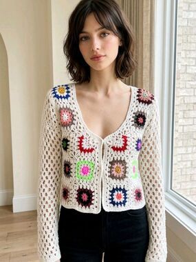 🔸️NWT Debut Ivory Crochet Knit Granny Patch Tied Front Cardigan XSmall